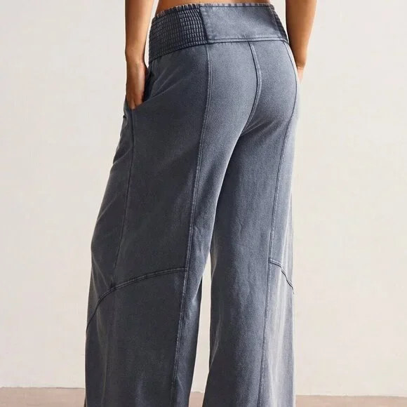 Grey Casual Women's Loose Wide Leg Washed Pants - Picture 2 of 7